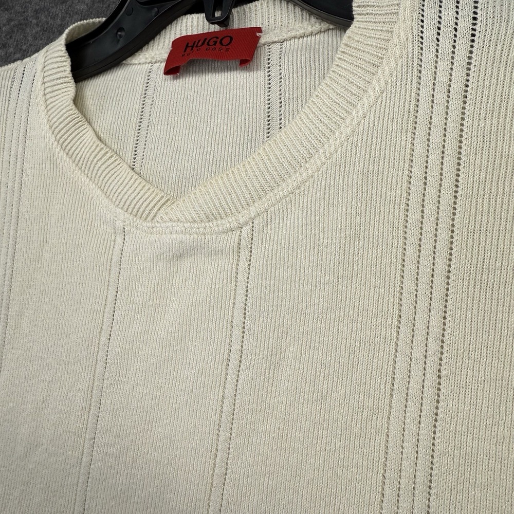 HUGO BOSS Hugo Knit Shirt Mens Large‎ Ivory Textured Short Sleeve Vintage
